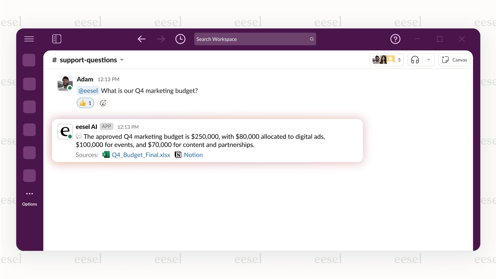 A screenshot of eesel AI works on your Internal Chat