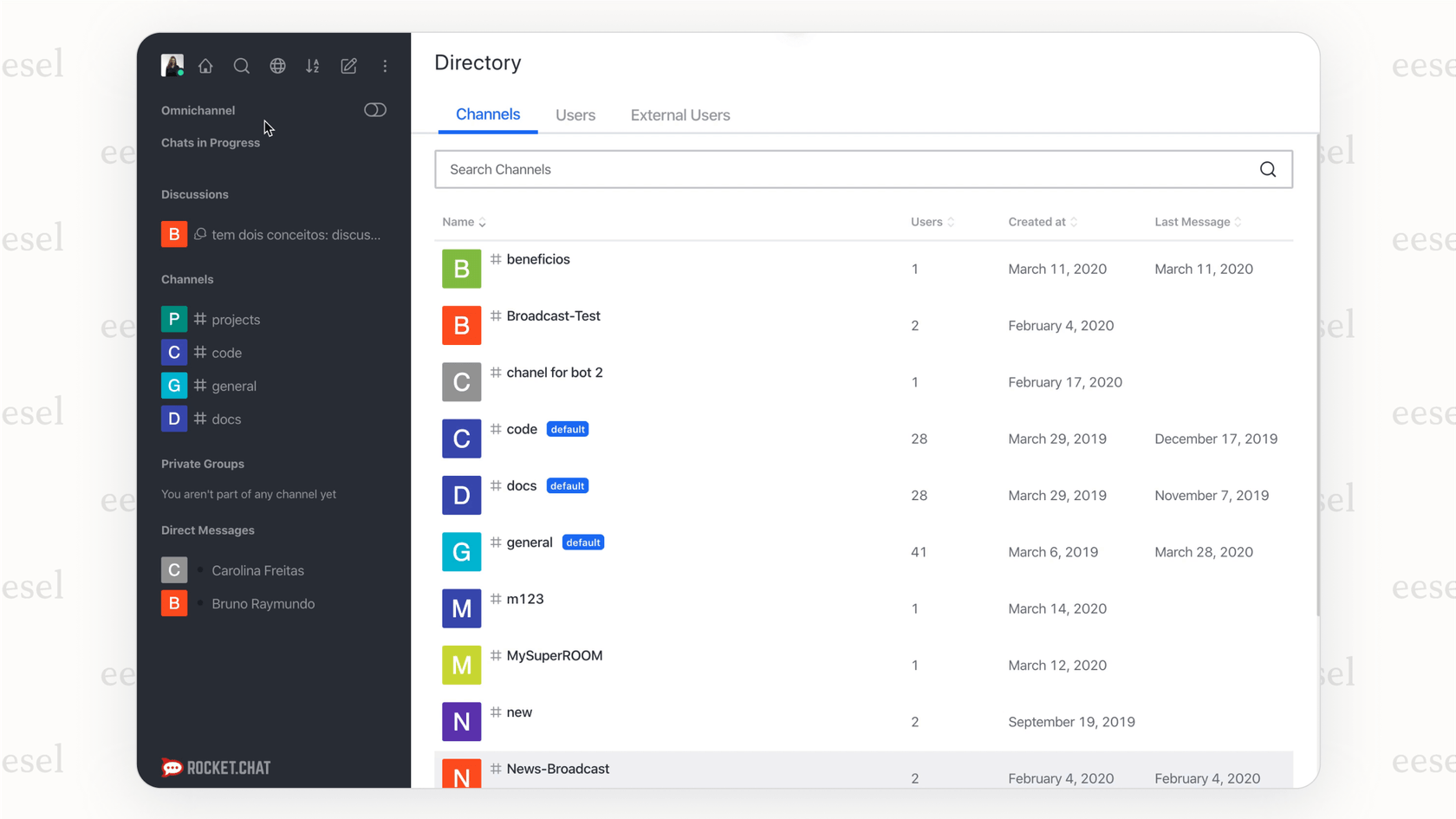A view of the Rocket.Chat interface showing an agent managing conversations from multiple sources in one inbox, a key feature for this security-focused Slack alternative.
