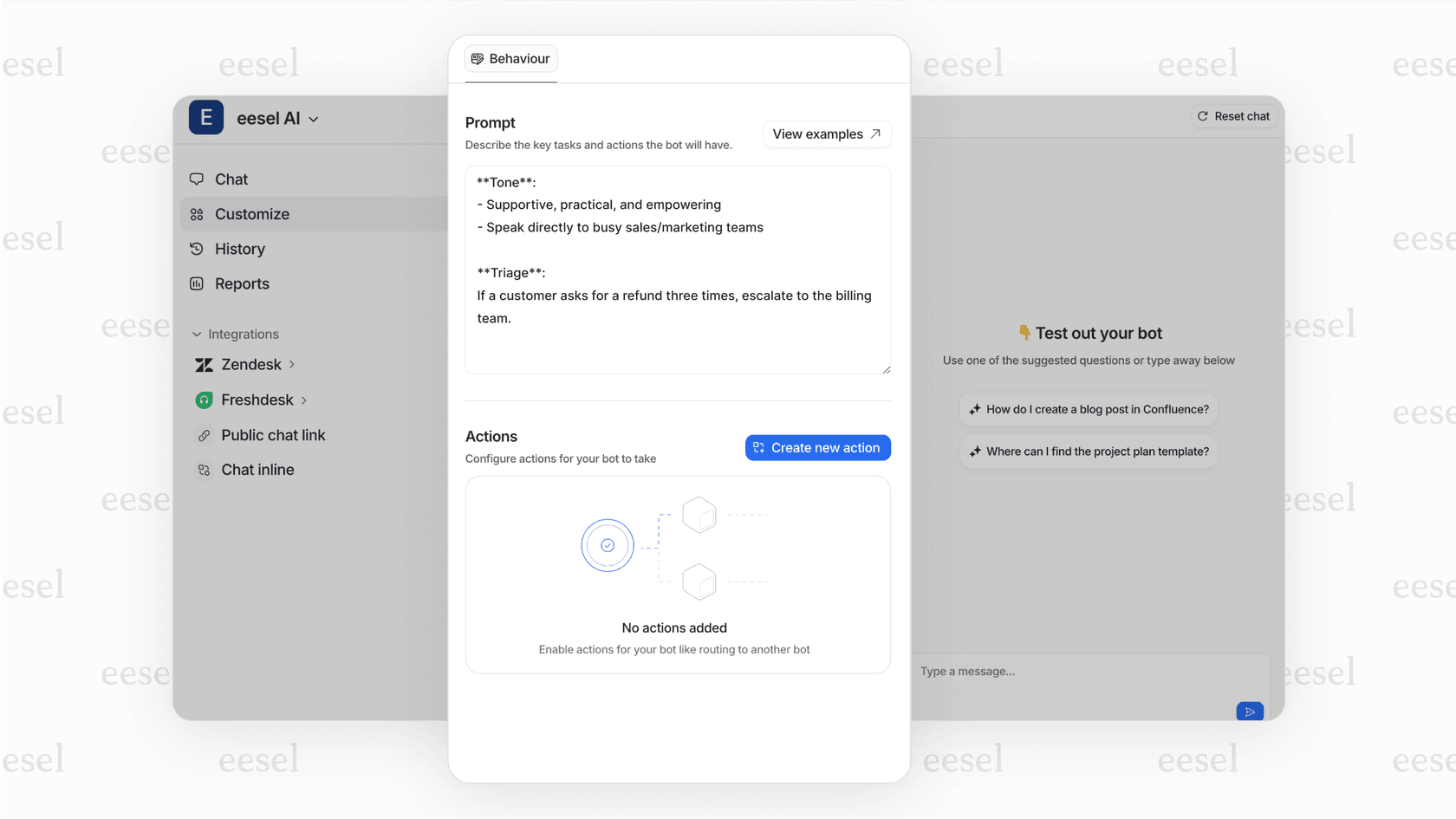 A screenshot of an AI platform where a user sets natural language rules for escalation, a key part of managing AI customer service metrics.