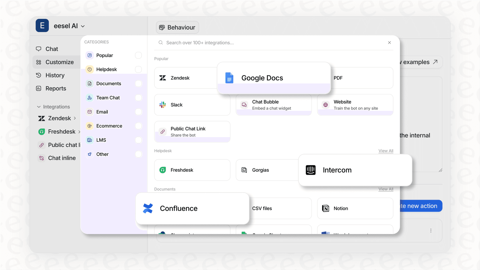 Screenshot of the eesel AI integrations page, demonstrating the simple one-click setup for connecting an AI sales agent to various company tools.