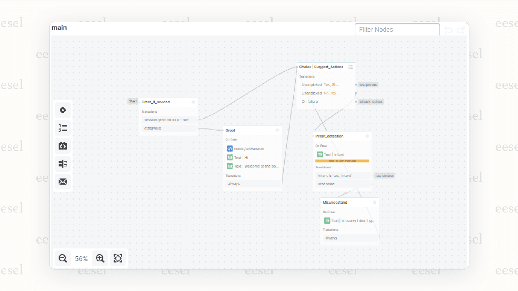 A screenshot of the Botpress platform, which allows developers to build a custom AI chatbot for website using both a visual flow editor and a code editor for advanced customization.