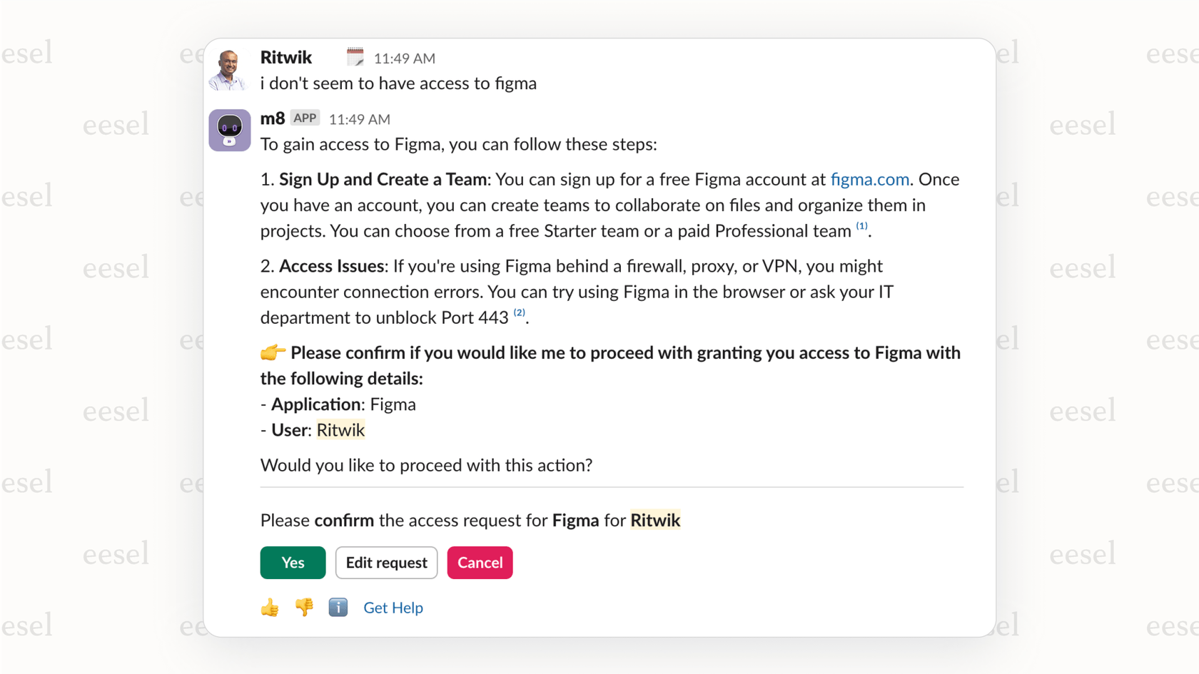 The Moveworks bot in action, a leading internal conversational AI platform.