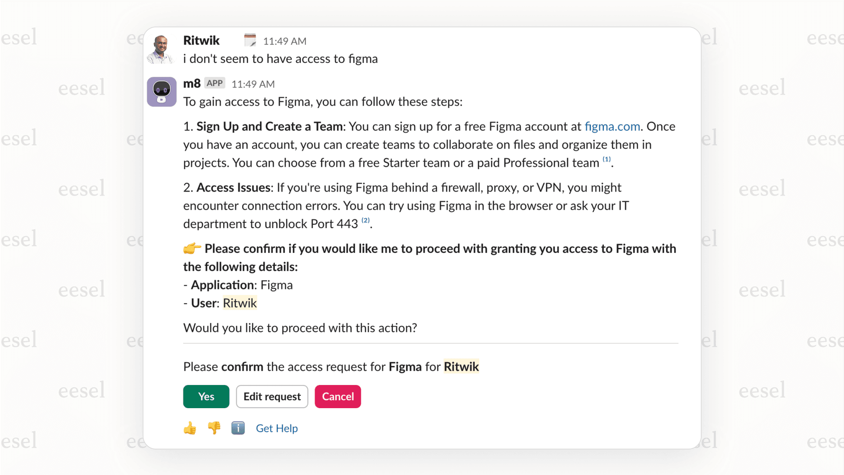 A screenshot of the Moveworks conversational AI platform resolving an employee's software request directly within Microsoft Teams.