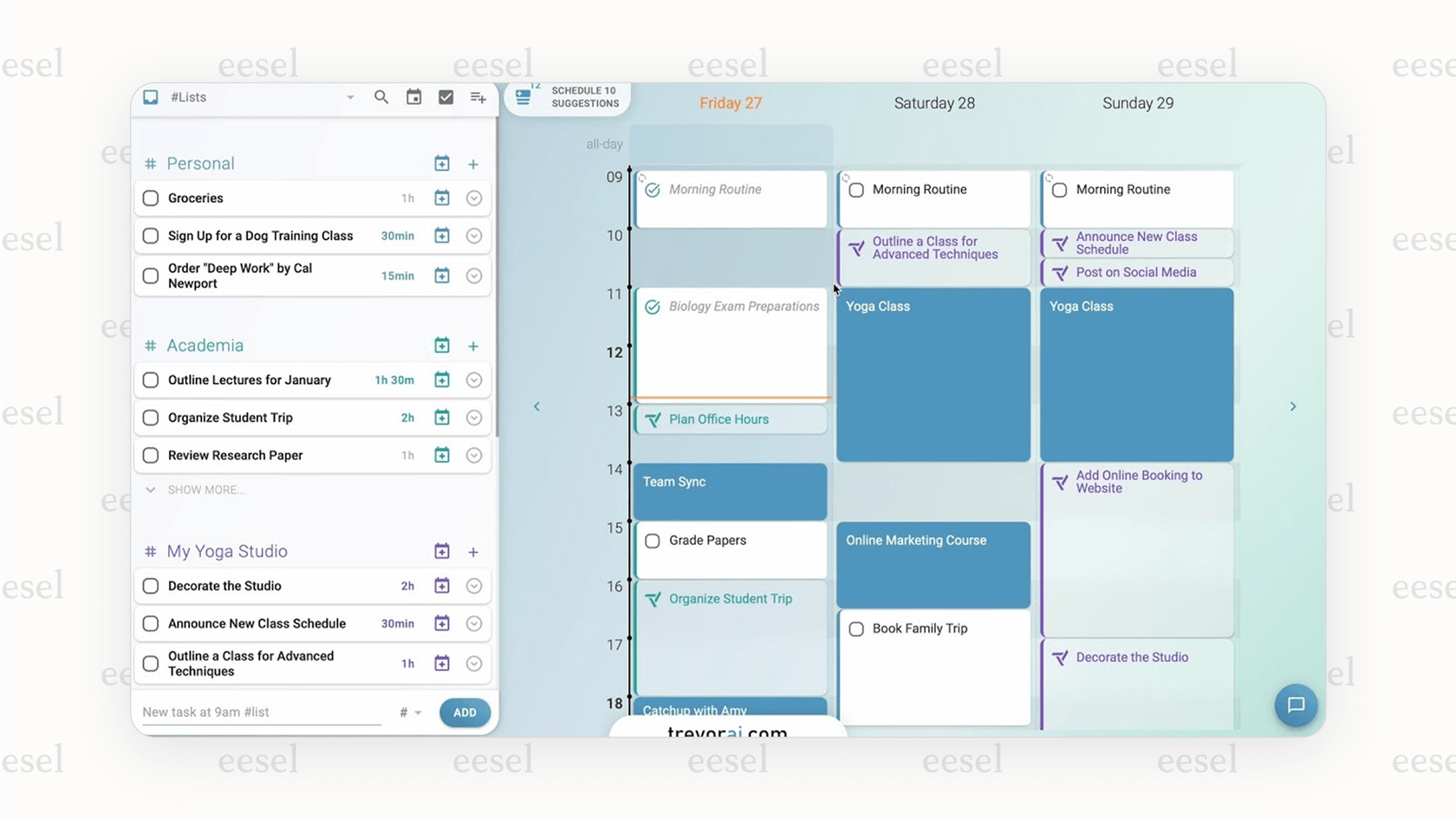 The Trevor AI scheduling assistant interface showing its drag-and-drop feature.