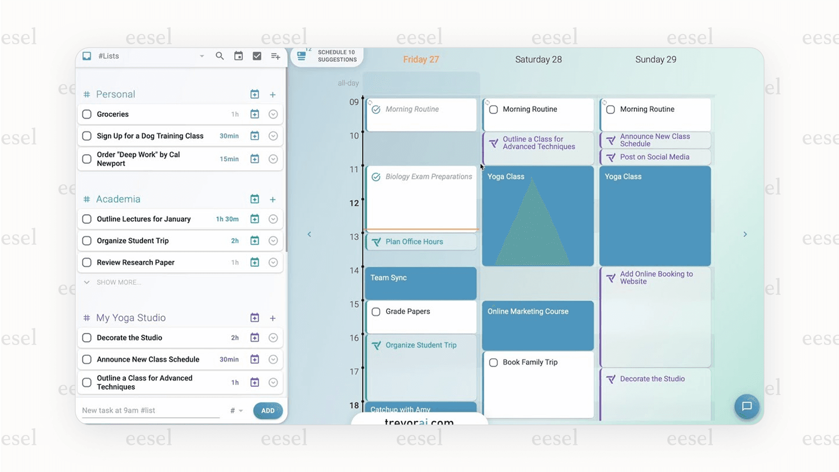 A screenshot of the Trevor AI scheduling assistant interface. On the left is a "To-do" list, and on the right is a weekly calendar. An arrow cursor is shown dragging a task from the list onto a time slot in the calendar.