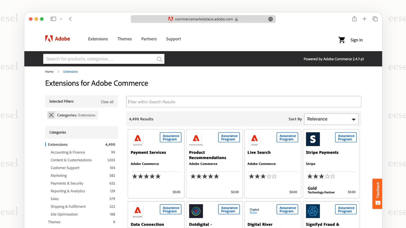 Screenshot of the vast Adobe Commerce Marketplace, showing the wide range of extensions available for Magento, a factor in the BigCommerce vs. Magento choice.