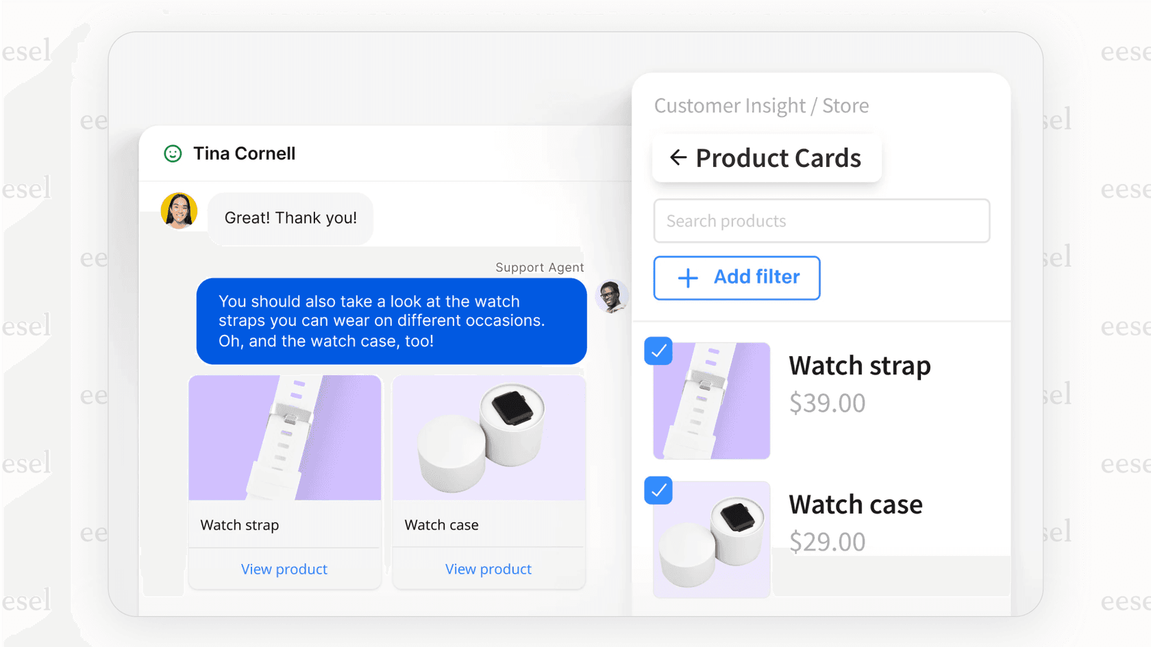 Utilisation des fiches produits dans le logiciel de chat en direct LiveChat pour les ventes.