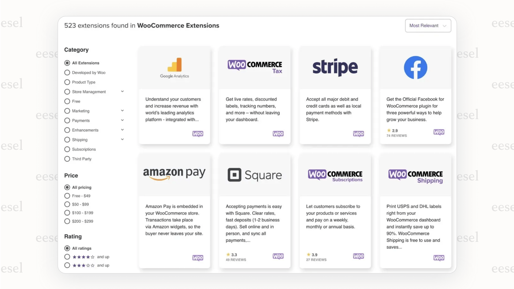 A view of the WooCommerce Extensions store, showing how functionality is added via plugins, a core aspect of its flexibility in the Magento vs. WooCommerce debate.