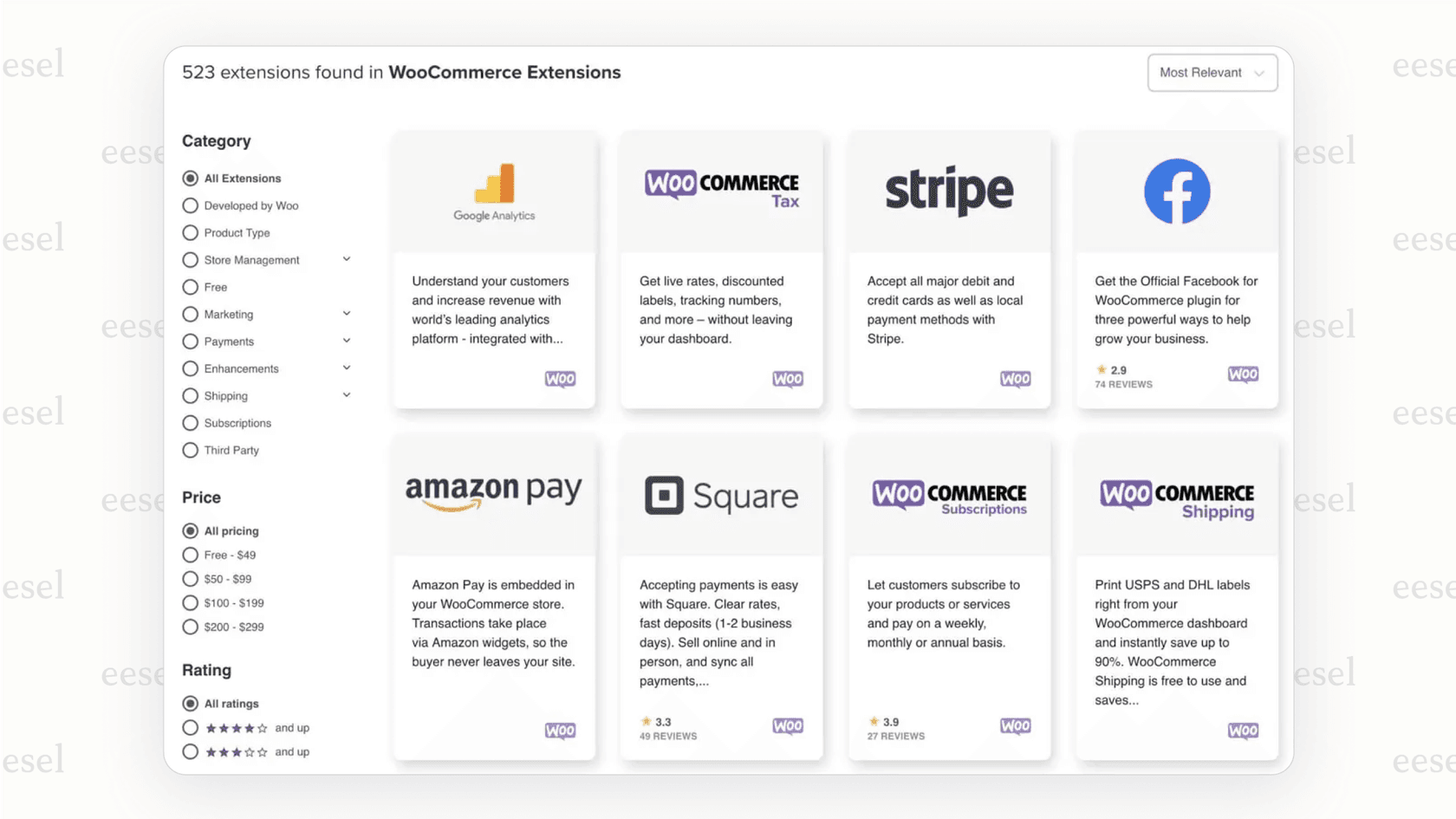 A view of the WooCommerce Extensions store, showing how functionality is added via plugins, a core aspect of its flexibility in the Magento vs. WooCommerce debate.
