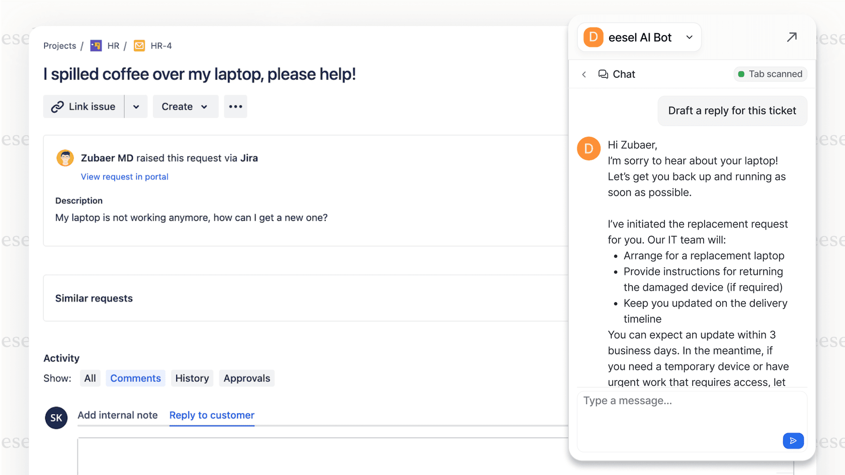 The eesel AI Copilot providing assistance inside Jira Service Management: A powerful addition to your support workflow.
