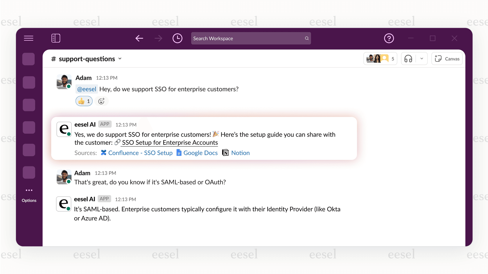 Screenshot of eesel AI answering an employee in Slack based on a Google Doc and Confluence page.