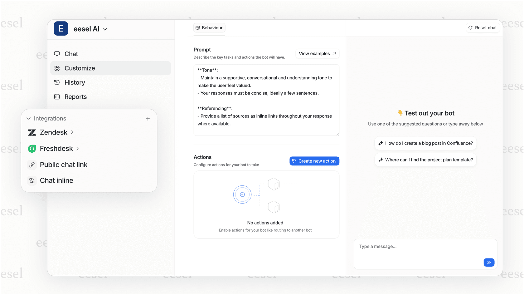 A screenshot of the eesel AI integrations page, showing how it connects internal knowledge to act on data gathered from platforms in the Crunchbase vs PitchBook analysis.