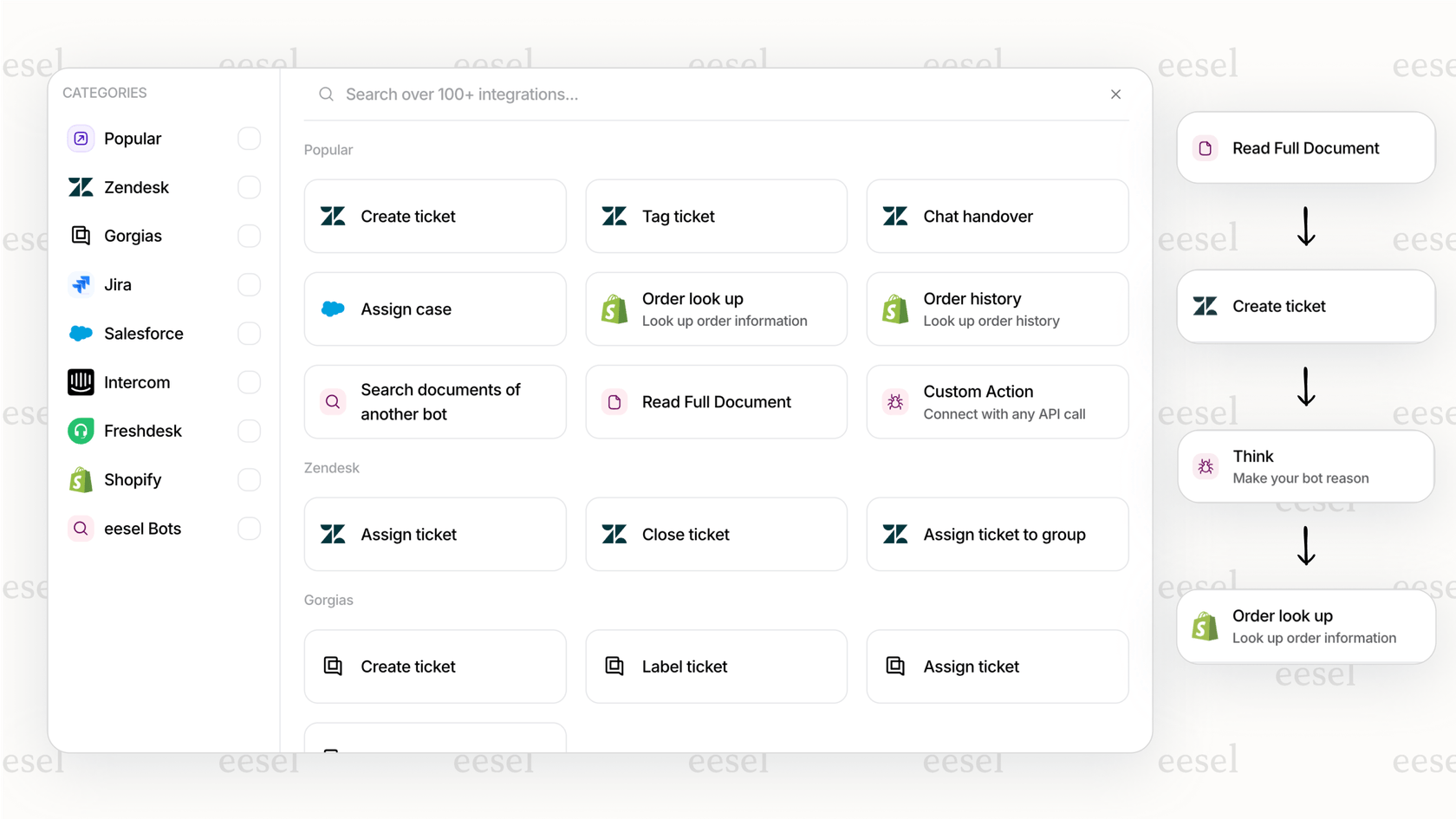 A screenshot of eesel AI’s actions page, with options like creating ticket in Zendesk or looking up order in Shopify.