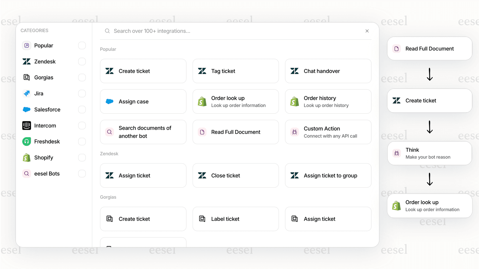 A screenshot of eesel AI’s actions page, with options like creating ticket in Zendesk or looking up order in Shopify.