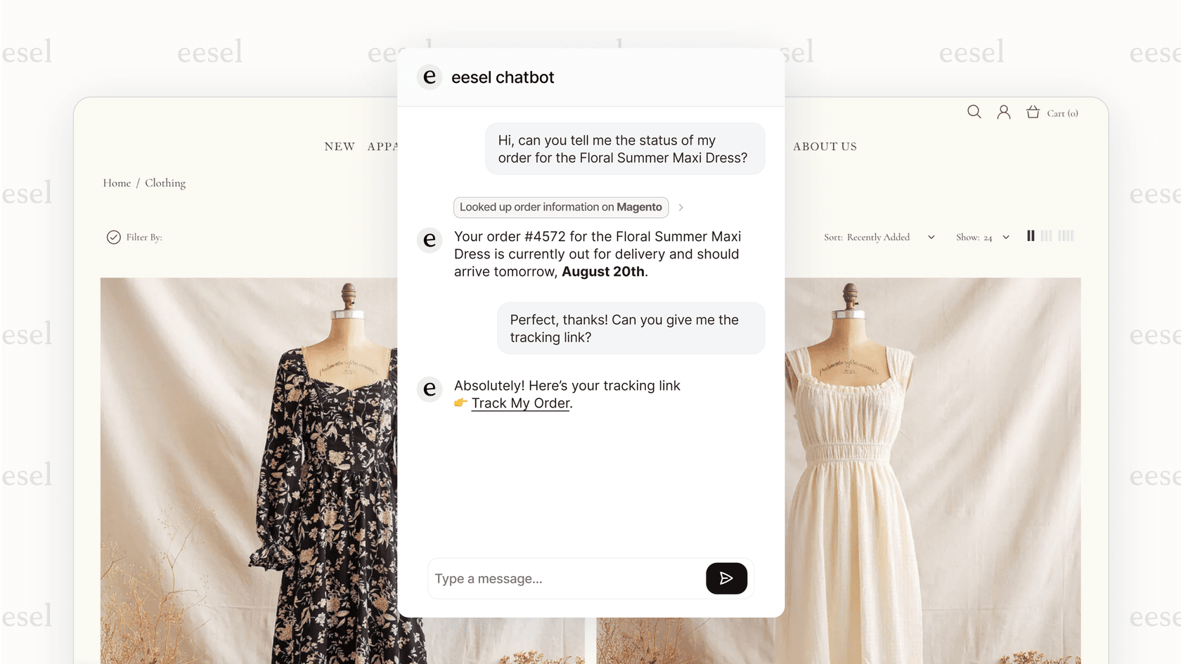 eesel AI Chatbot widget providing instant customer support on a Magento store