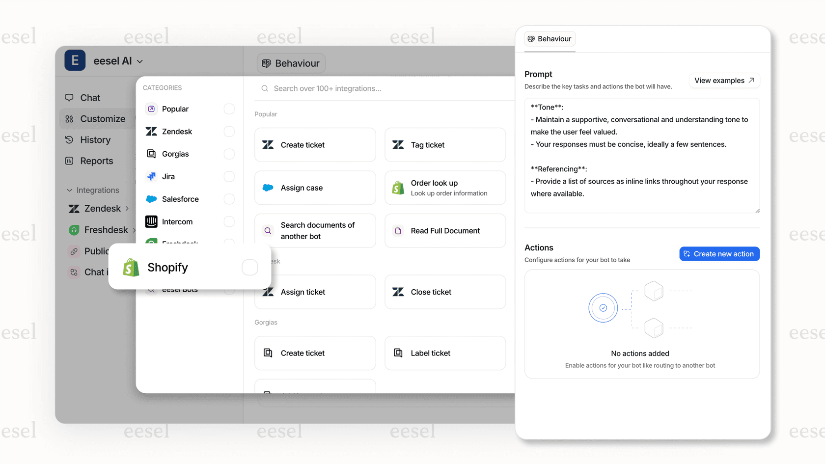Shopify AIを強化するために、ヘルプデスクや内部文書などの複数の会社知識ソースに接続するeesel AI統合ページ。