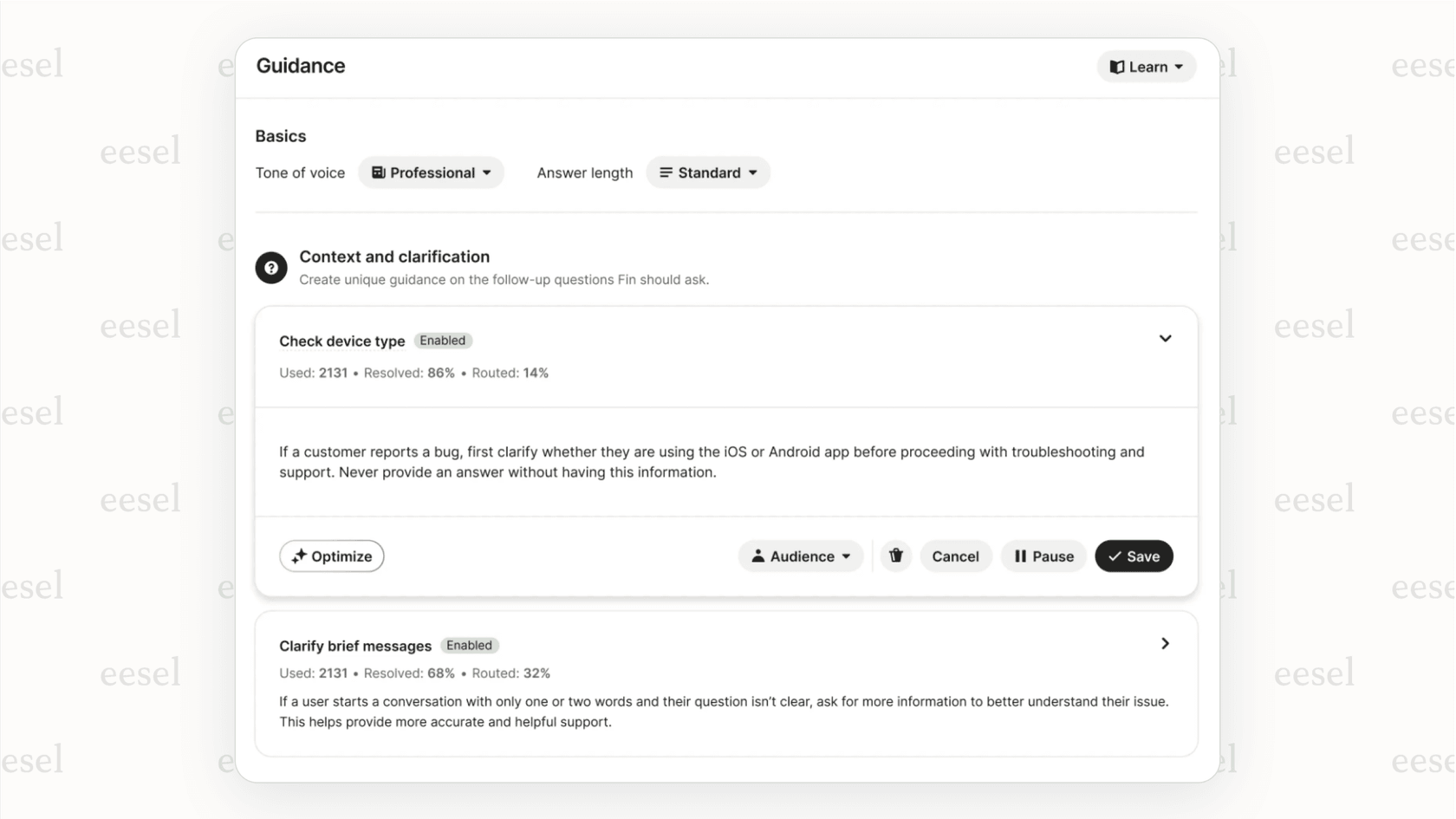 A screenshot demonstrating human-in-the-loop controls for AI in business:, where a user sets a rule in plain English to escalate conversations containing specific keywords to a human.