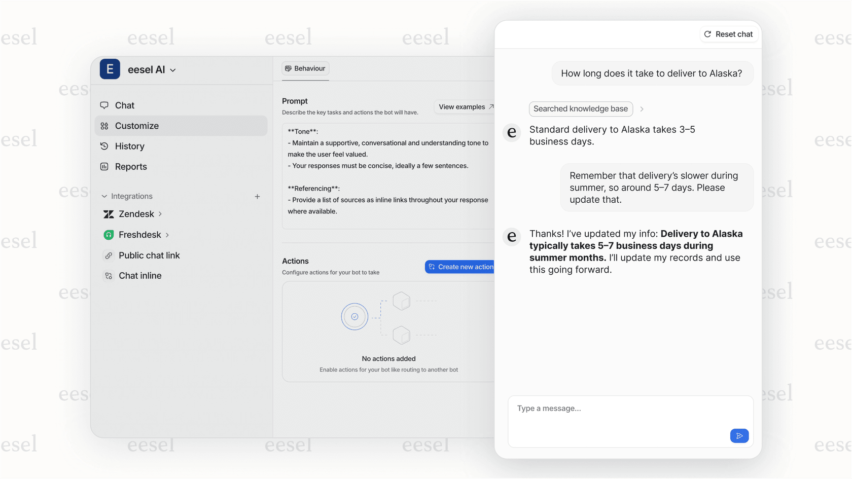 A screenshot of a simulation mode in an AI tool, showing how it tests responses to ensure success with Gorgias AI.