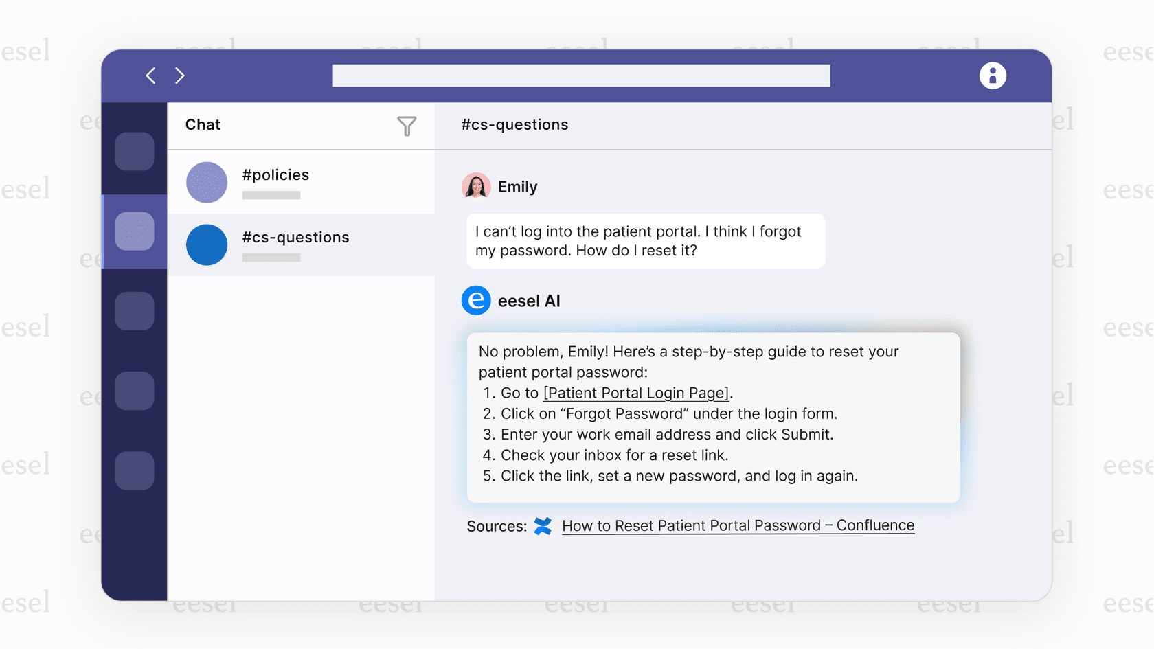 eesel AI fournissant un support informatique dans Microsoft Teams pour les soins de santé.