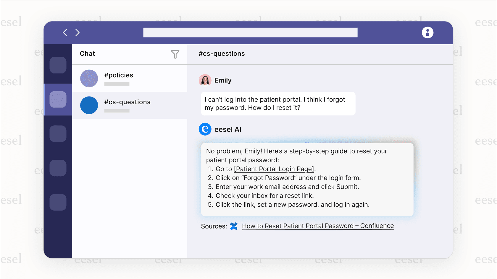 A screenshot of an AI for healthcare bot inside Microsoft Teams providing a step-by-step guide to a nurse on how to reset a password for the patient portal.