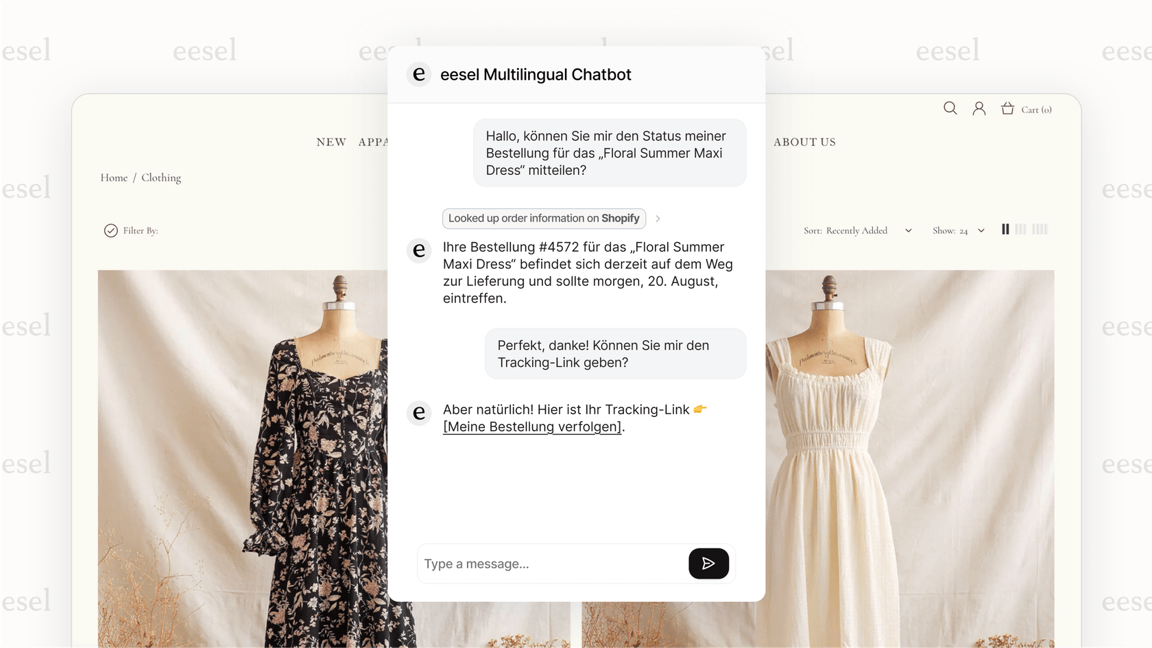 多言語サポートAIの応用例として、ドイツ語で顧客に即時のセルフサービスヘルプを提供するウェブサイトチャットボットのスクリーンショット。