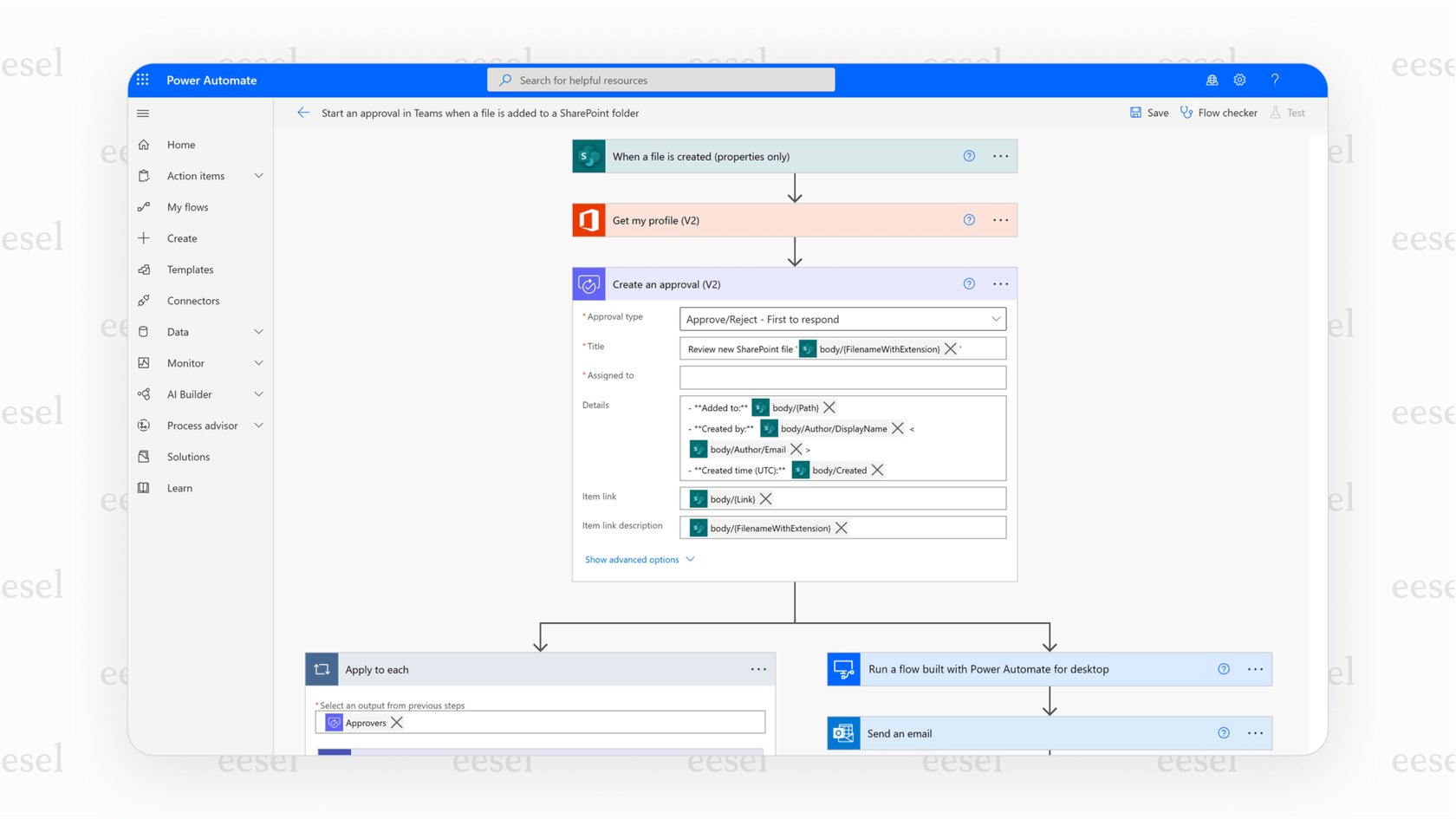 A screenshot showing a Power Automate workflow integrating SharePoint and Microsoft Teams, a key strength for this option among Make.com alternatives.