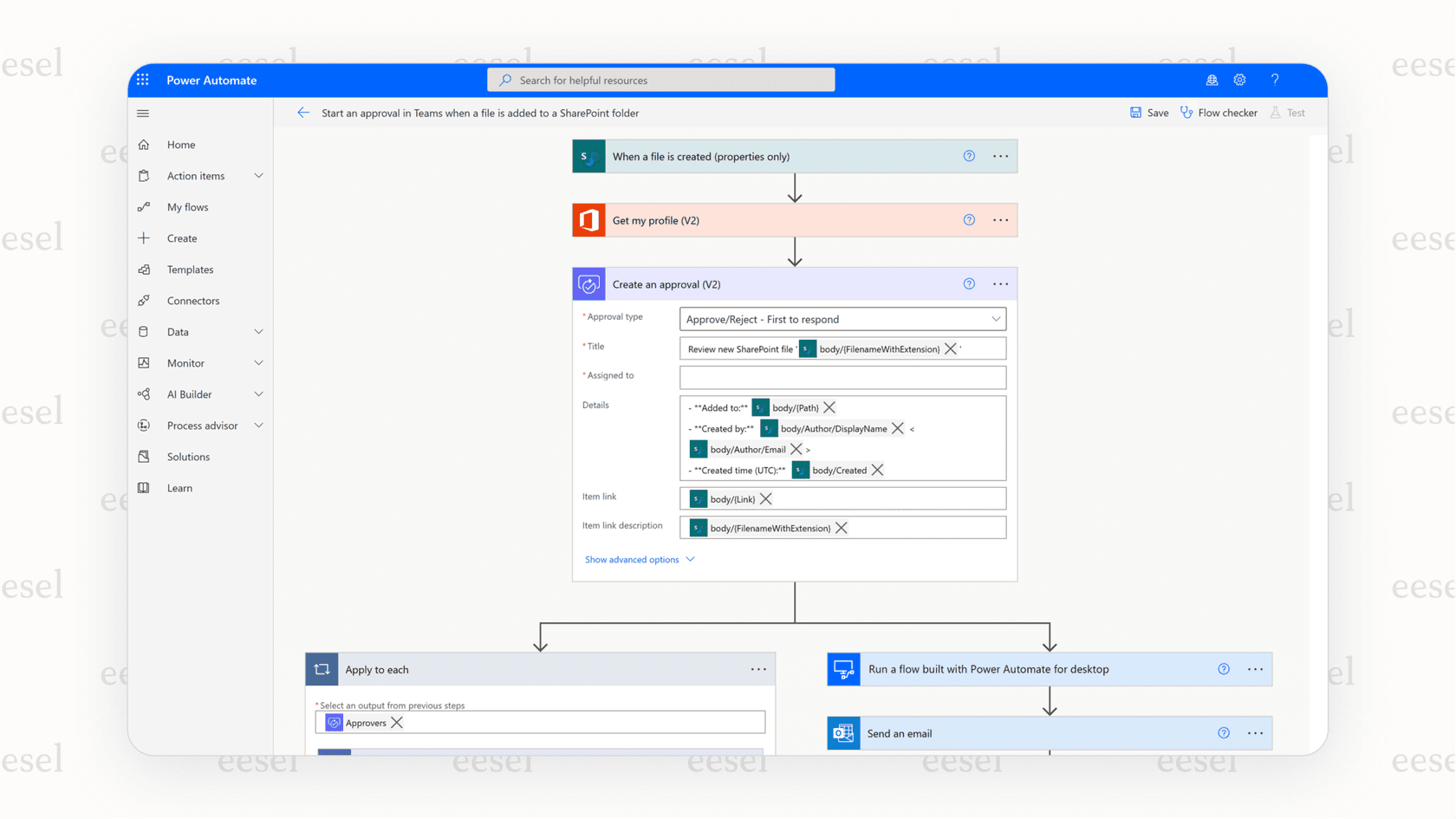 A screenshot showing a Power Automate workflow integrating SharePoint and Microsoft Teams, a key strength for this option among Make.com alternatives.