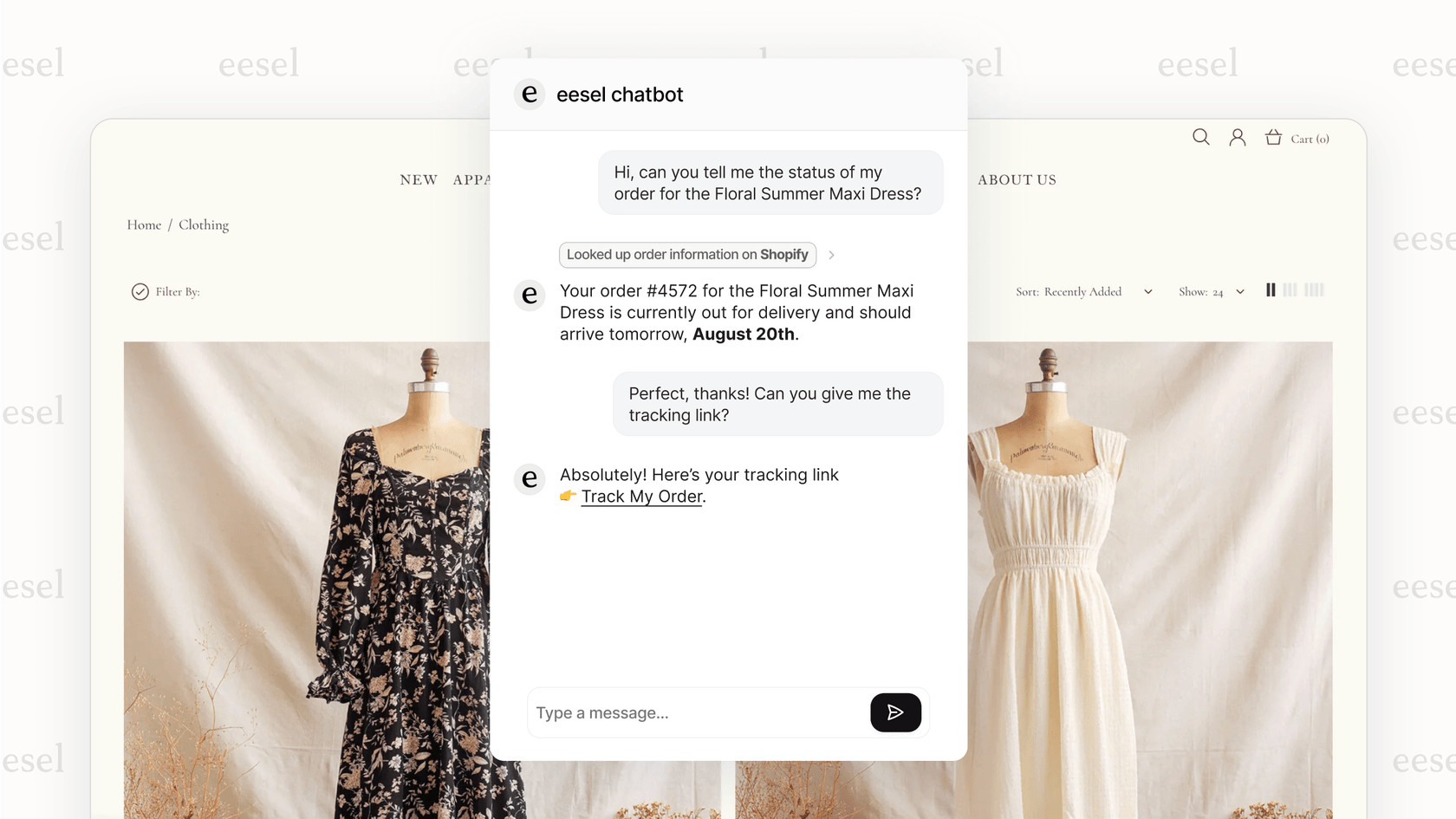 A screenshot shown in this woocommerce review of an AI chatbot helping a customer with an order status, demonstrating support automation.