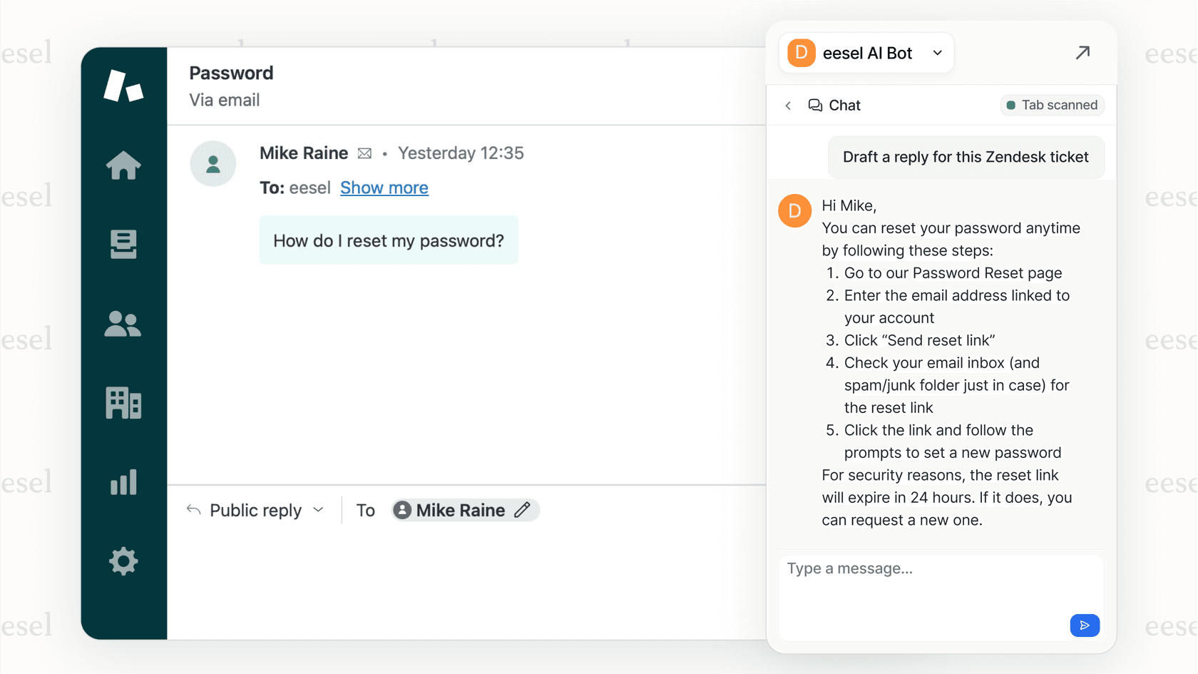 A screenshot of an AI Copilot Digital assistant suggesting a response to a human agent within their help desk software.