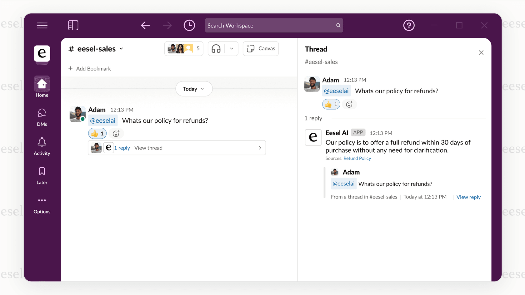 Screenshot of a Slack conversation where an employee asks "What is the policy for PTO?" and the eesel AI bot provides a direct answer for internal enterprise AI support.