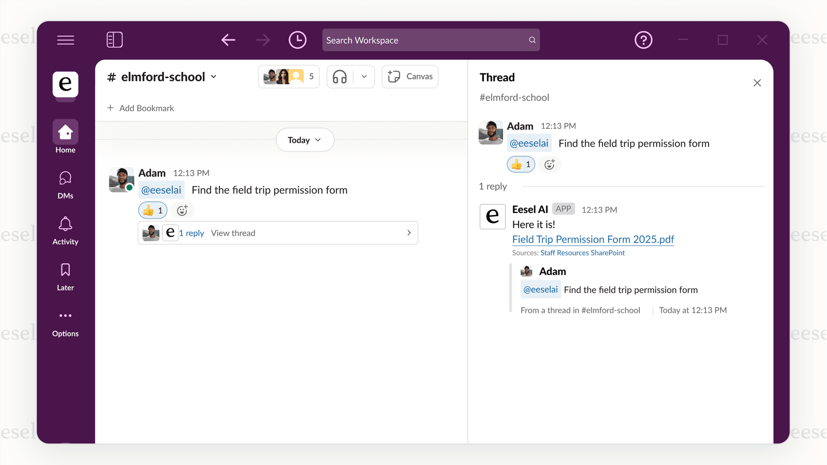 A screenshot showing how an internal AI for school assistant inside Slack helps staff find documents quickly.