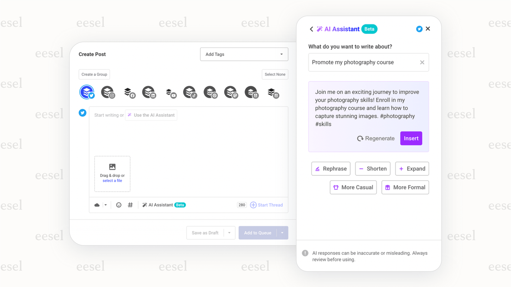 Brainstorming de conteúdo para redes sociais com a IA do Buffer.
