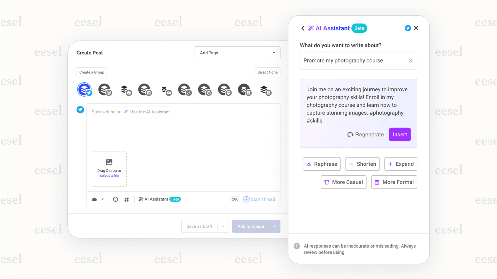 Screenshot of the Buffer AI Assistant generating post ideas inside the scheduling workflow, a useful implementation of AI for small business marketing.