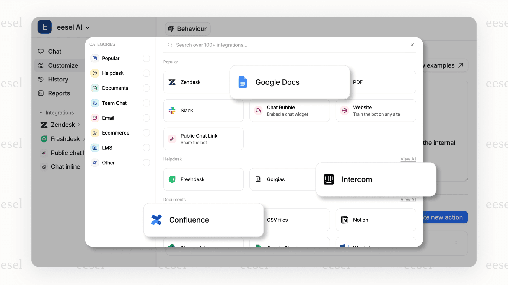 Screenshot of the eesel AI dashboard displaying a grid of one-click integrations with logos for Zendesk, Slack, Confluence, Google Docs, and Notion for a complete Automated follow-up system.