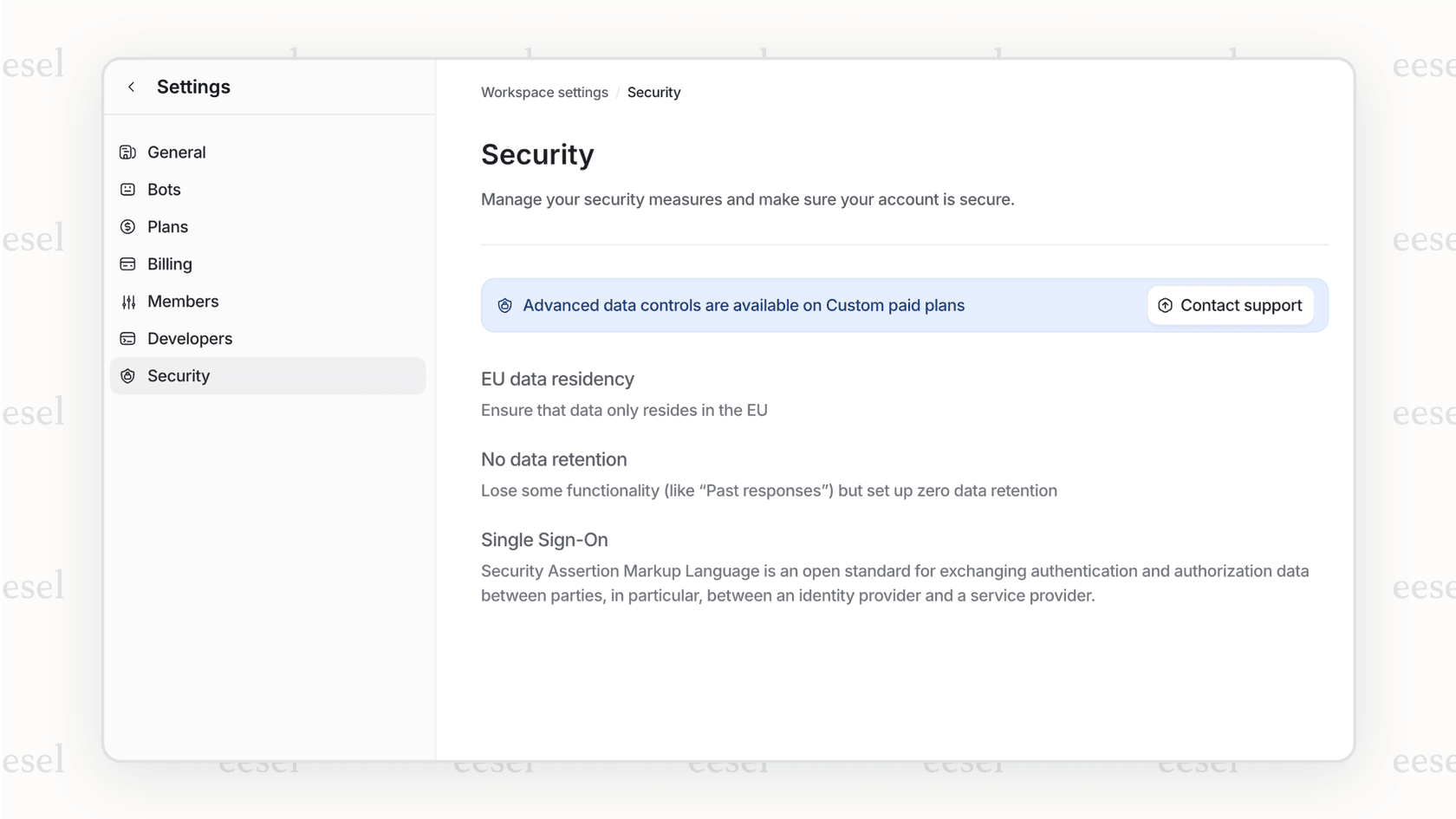 A screenshot of a security dashboard for an AI in fintech tool, showcasing features like data residency options and compliance certifications.