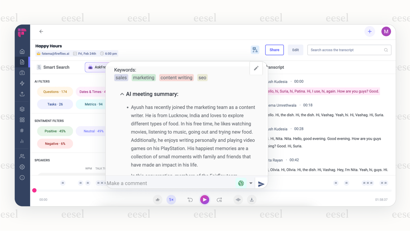 A screenshot of the Fireflies.ai interface, a leading AI productivity tool for meetings. It displays an AI-generated summary with bullet points, action items, and a full, searchable transcript of a video call.