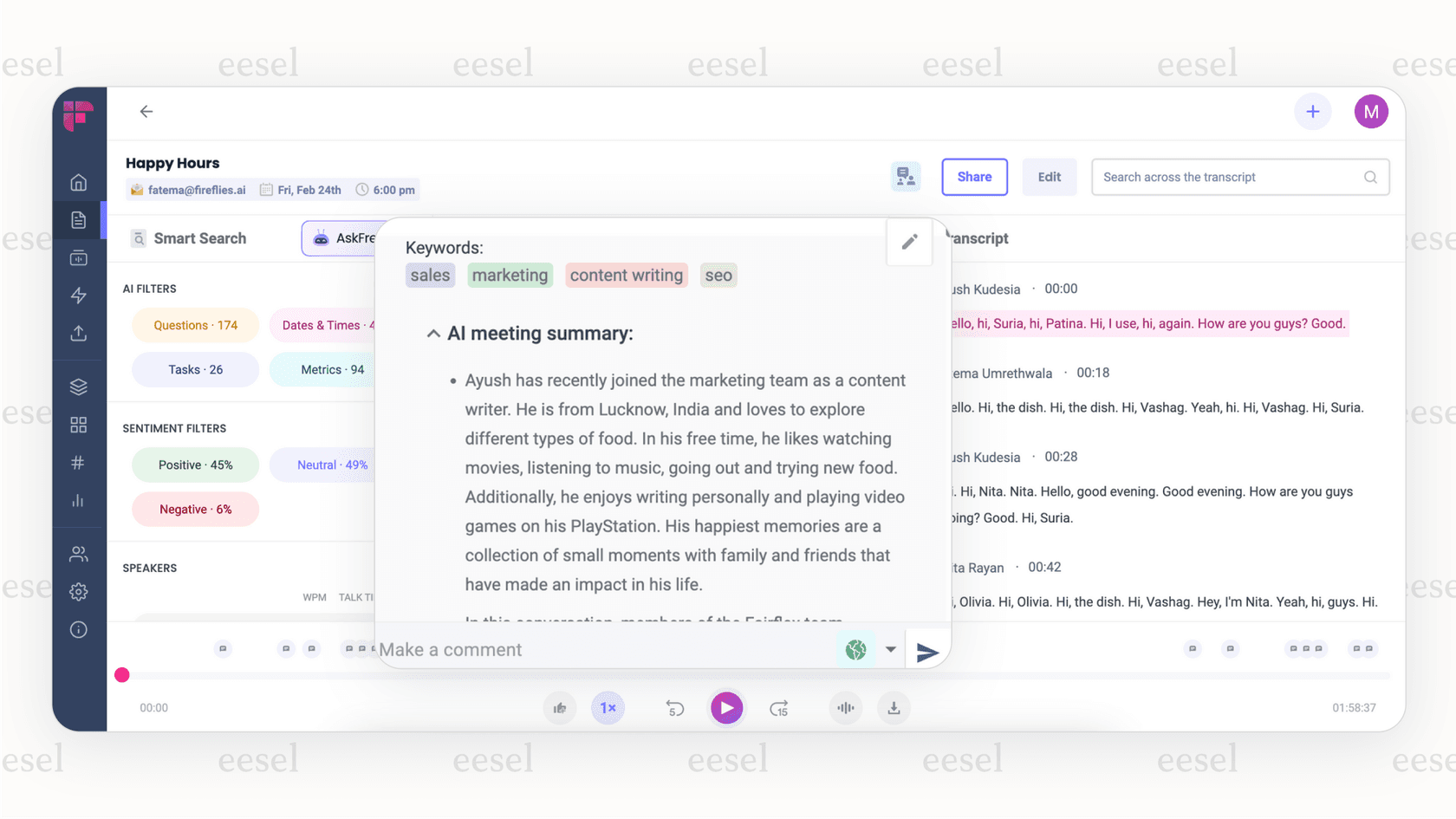 A screenshot of the Fireflies.ai interface, a leading AI productivity tool for meetings. It displays an AI-generated summary with bullet points, action items, and a full, searchable transcript of a video call.