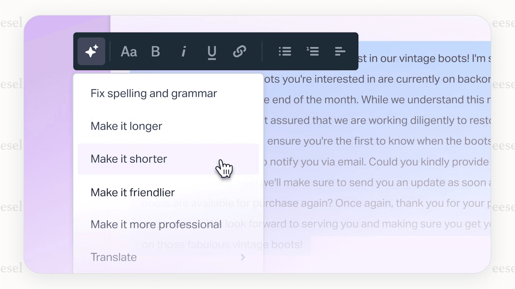 Uma captura de tela da interface do Help Scout destacando sua ferramenta AI Summarize, que é um recurso útil para quem o considera como o melhor AI service desk para sua equipe.
