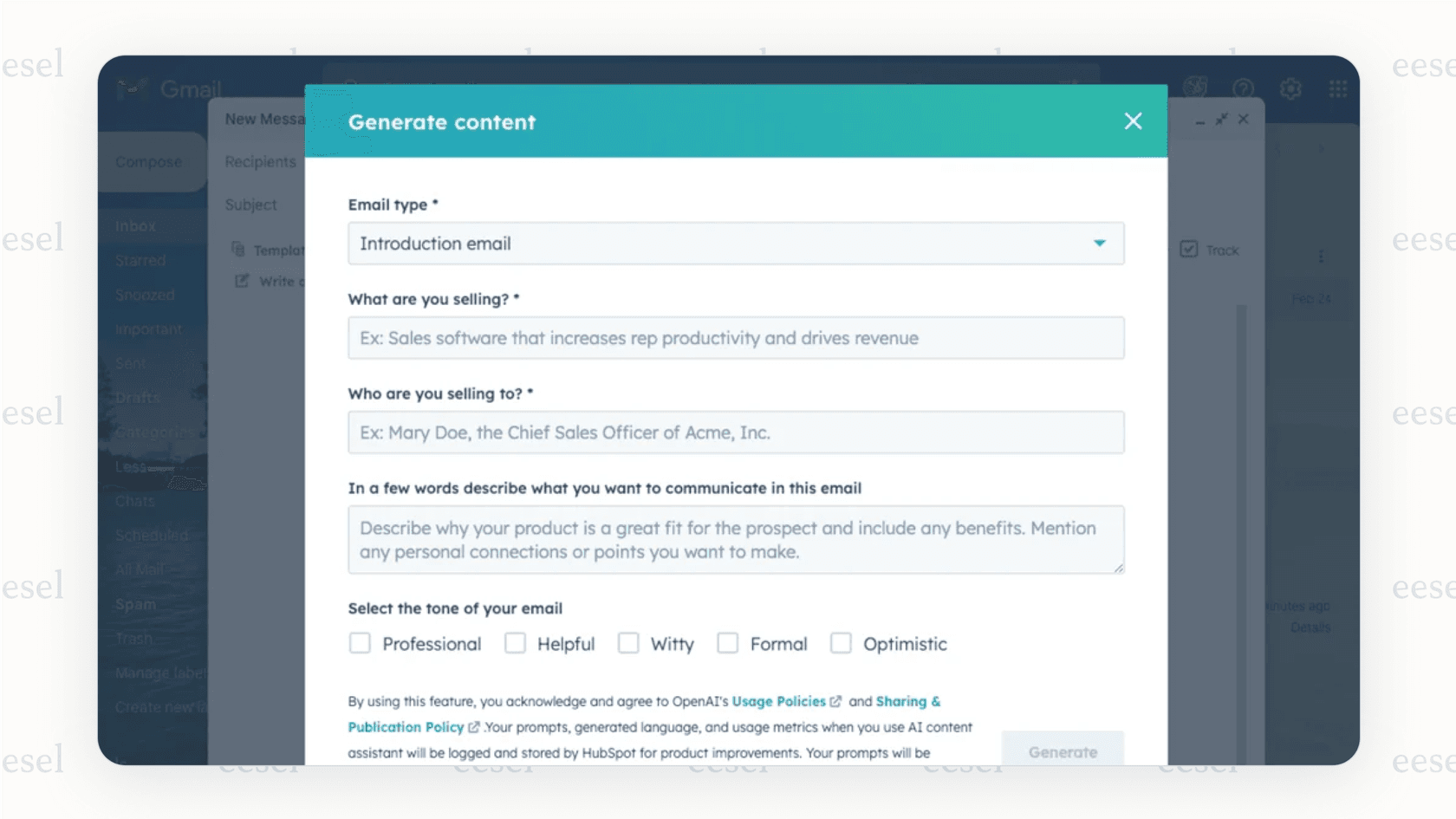 A view of the HubSpot CRM, where an AI tool for business is writing a personalized sales email, demonstrating seamless integration into existing workflows.