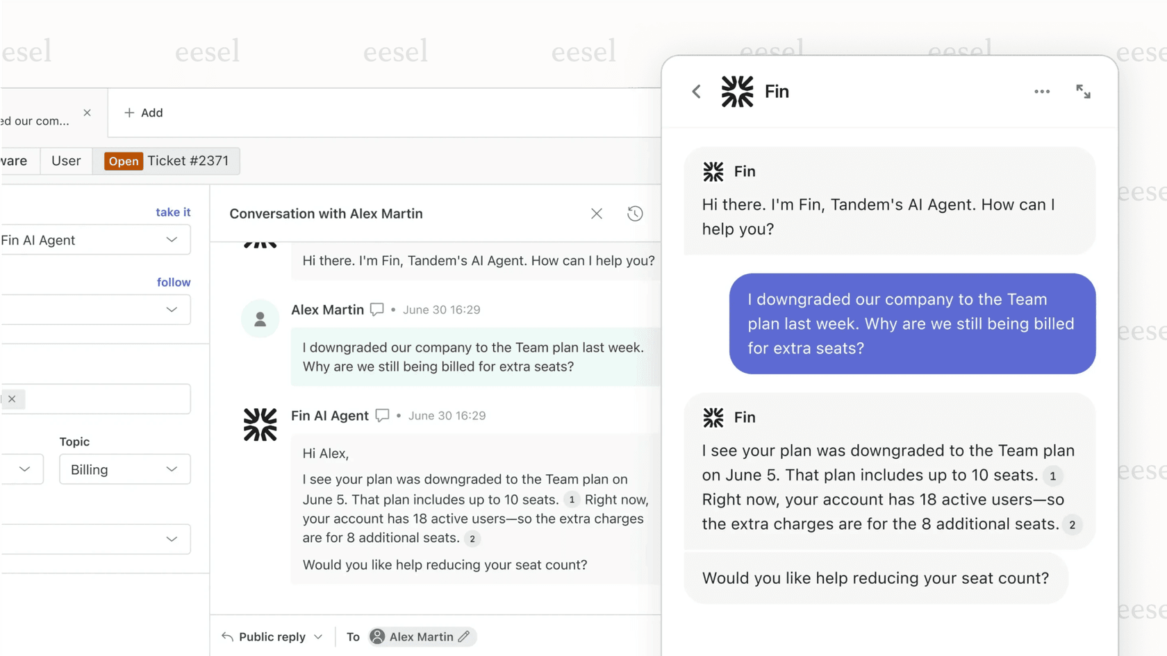 The AI agent Fin within Intercom's live chat software handling a customer conversation by pulling information from a knowledge base.