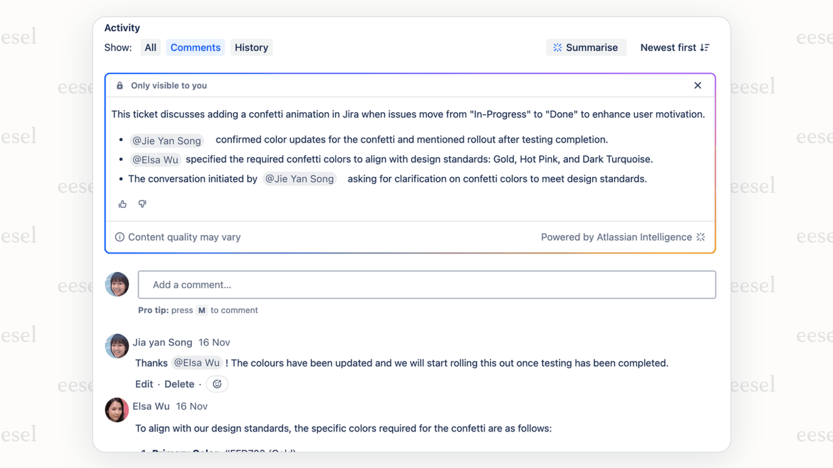 A ticket view in the Jira AI service desk showing a summary and related articles generated by Atlassian Intelligence to help the agent resolve the issue faster.