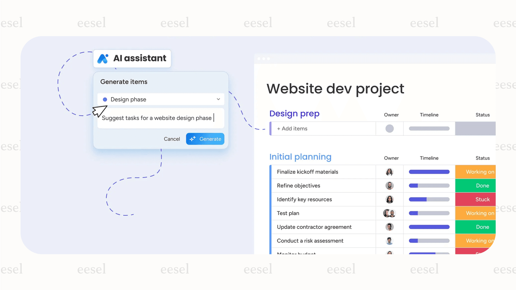 Monday.com's AI assistant for task generation in AI project management tools.