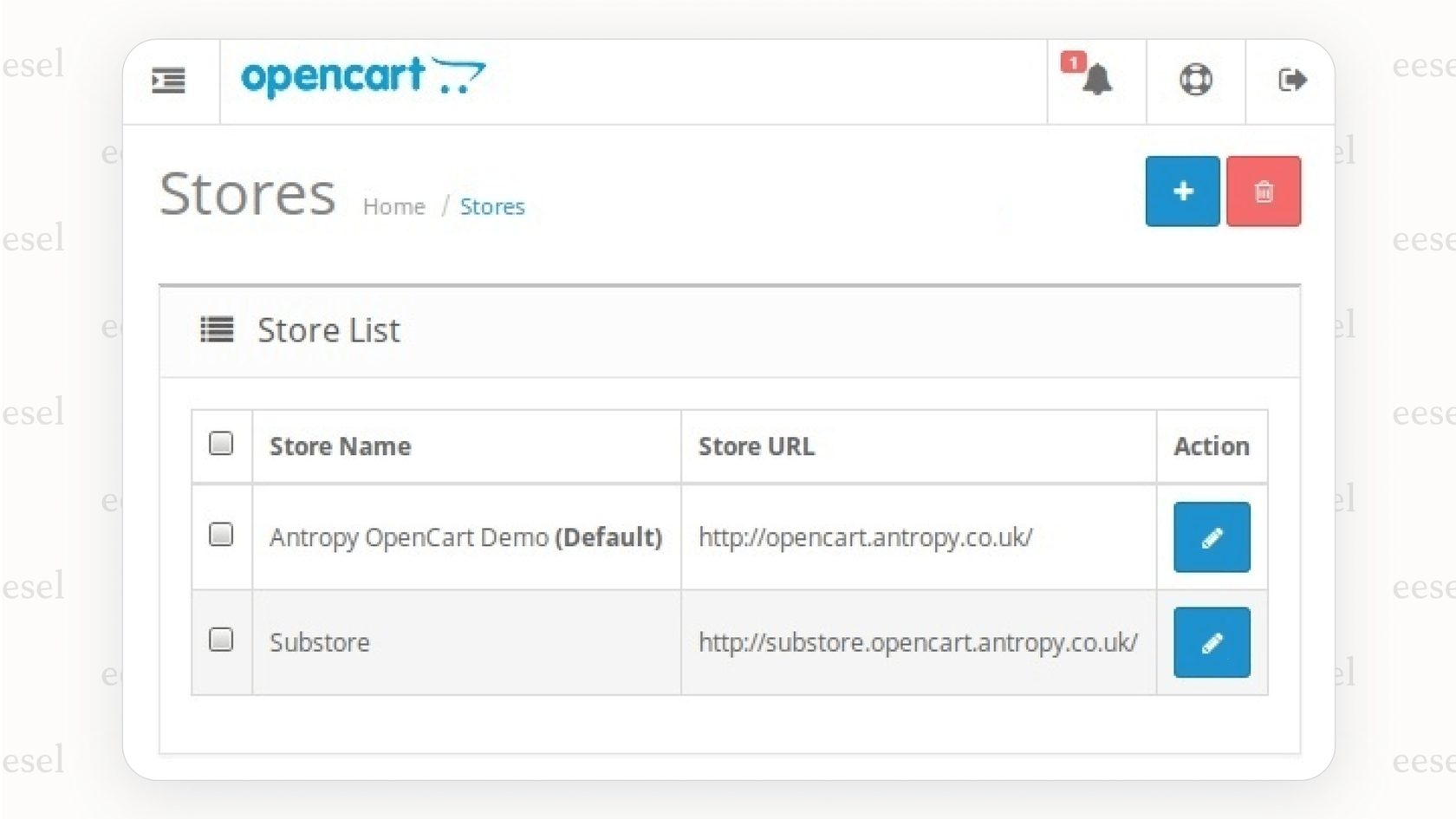 The admin panel of OpenCart highlights its native multi-store management capability, a key feature for businesses considering open-source Magento alternatives.