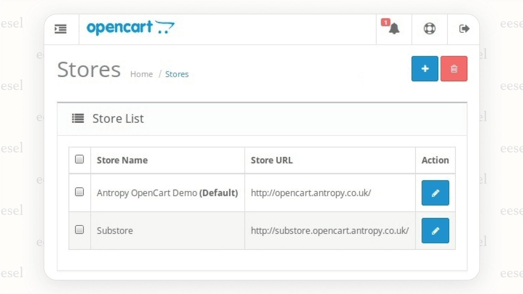 The admin panel of OpenCart highlights its native multi-store management capability, a key feature for businesses considering open-source Magento alternatives.