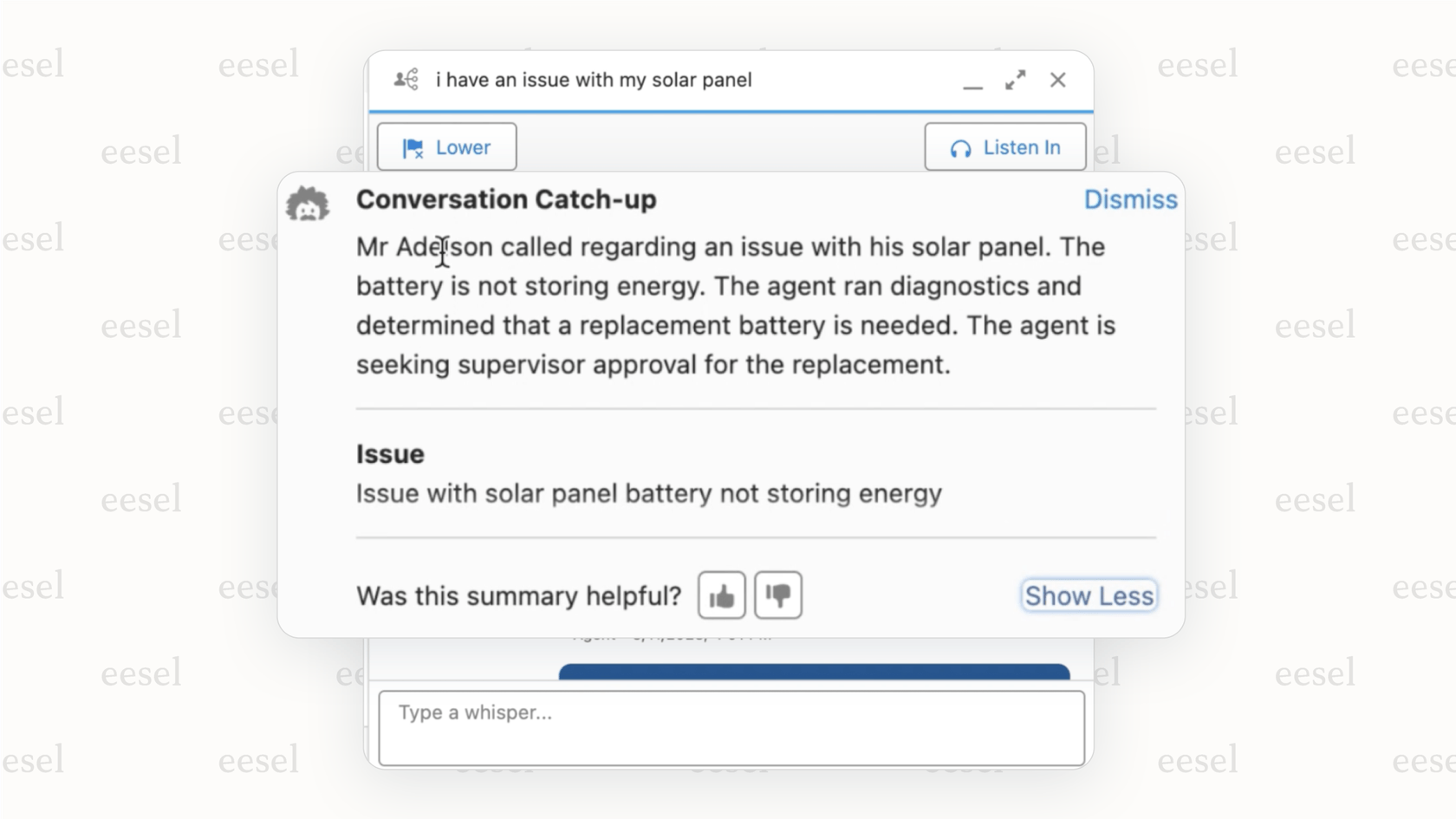 A screenshot of the Salesforce Service Cloud console where the Einstein AI feature has generated a concise summary of a long customer conversation, a time-saving benefit of Salesforce case automation.