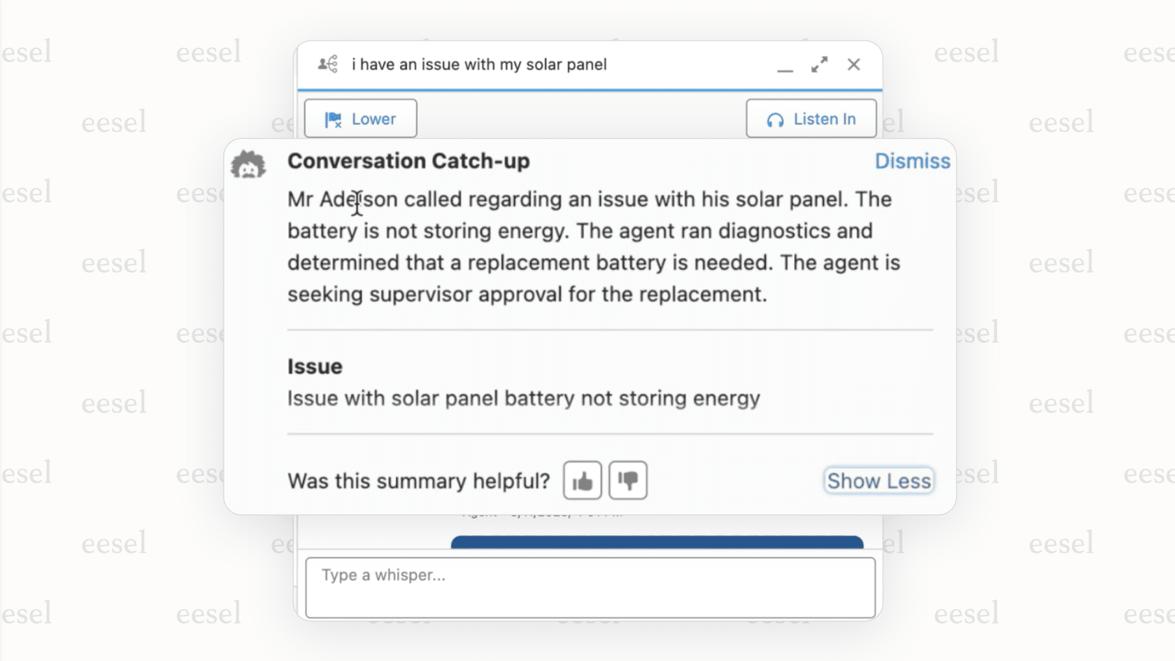 Salesforce Service Cloudコンソールのスクリーンショット。Einstein AI機能が長い顧客との会話の簡潔な要約を生成している。これはチケット管理用AIの時短メリットである。