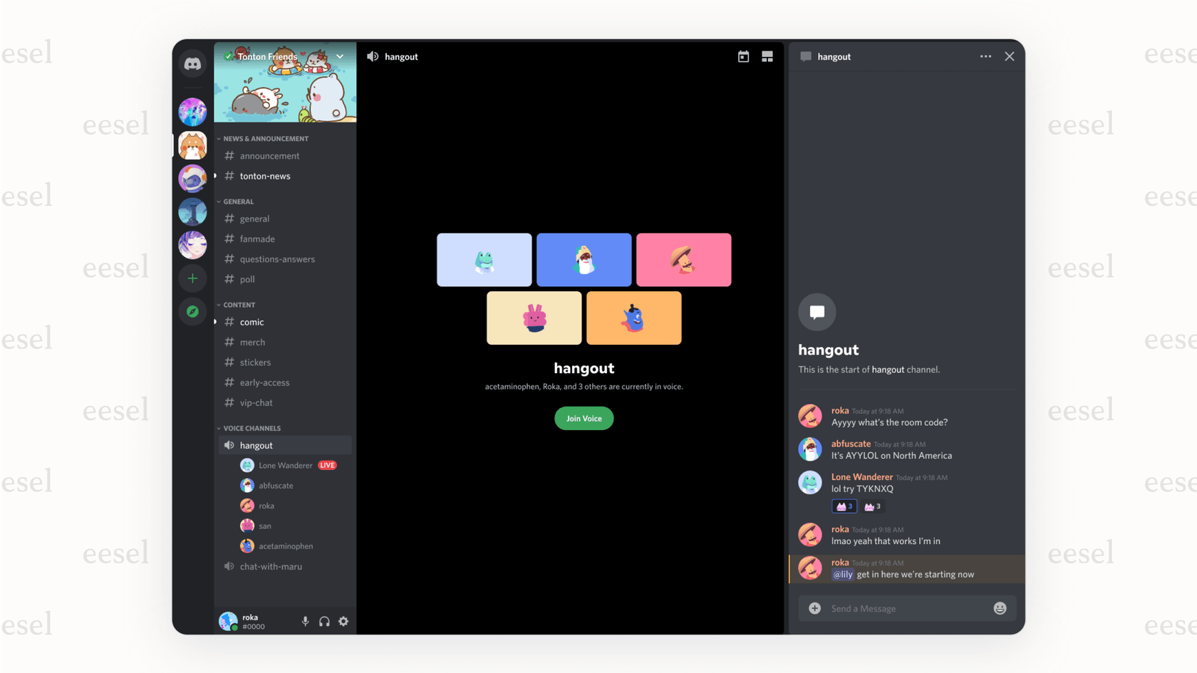 The Discord app showing a server with a list of text channels like #announcements and #general, and voice channels like