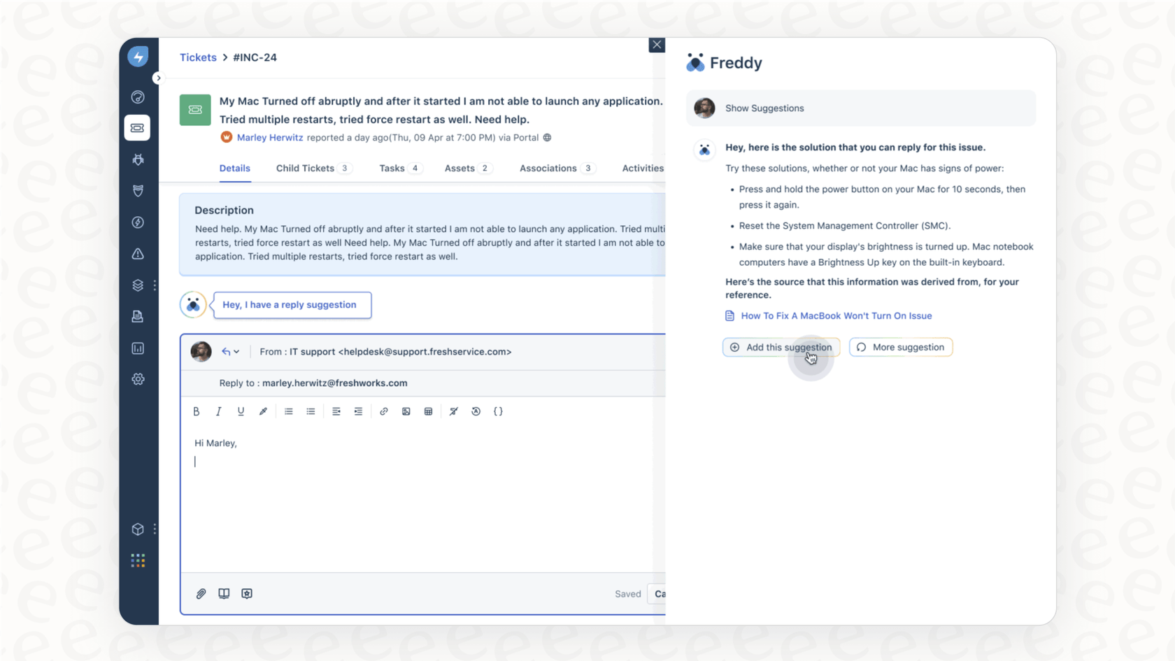O assistente Freddy AI no sistema de bilhética automatizado do Freshdesk, que ajuda a utilizar o Freshdesk Freddy AI para avaliar lacunas de conhecimento para bots.::