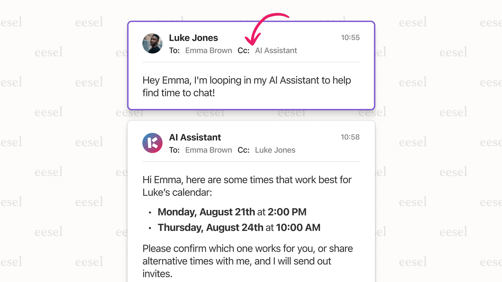 The Katch AI scheduling assistant responding in an email thread to book a meeting.