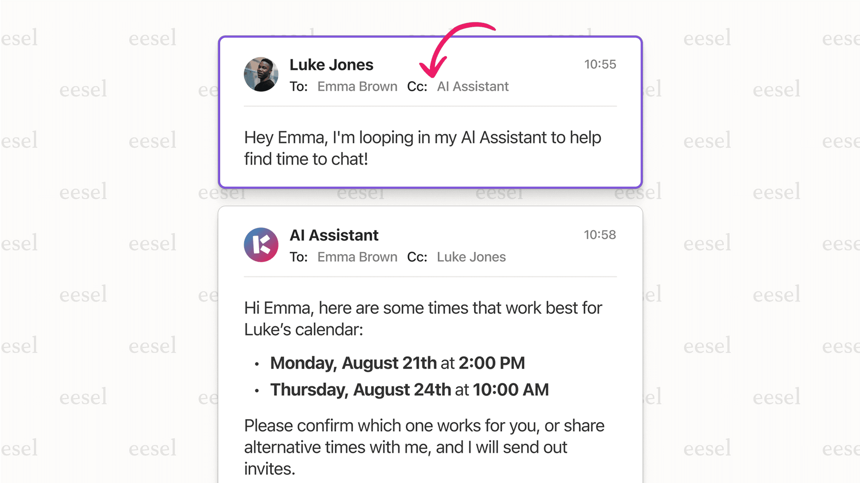 A screenshot of an email conversation. A user has sent an email to a colleague and CC'd the Katch AI scheduling assistant. The assistant has replied to the thread, saying "Happy to help find a time. How does next Tuesday at 2 PM or 4 PM work for you?"